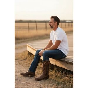 Boulet Leather Cowboy Western Boots Men's Size 8 E Saddle Vamp Brown Pull On